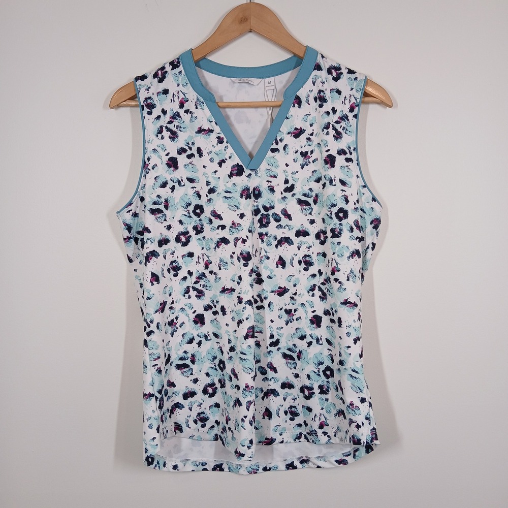 NWT Lady Hagen Tank Top Women Medium White Blue V Neck Athleisure Sporty